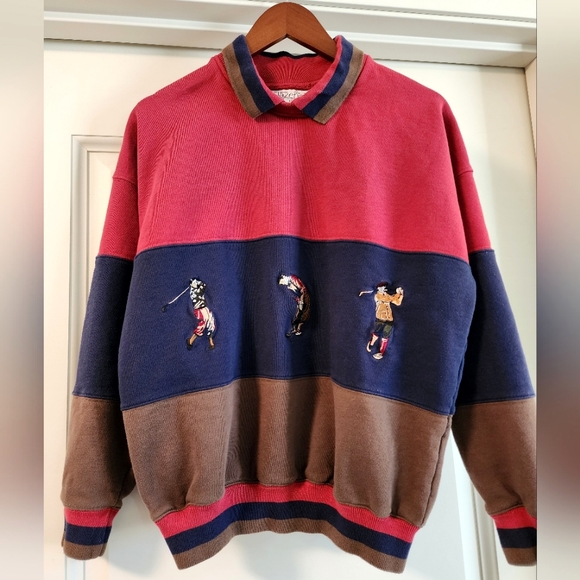 Vintage Slazenger Men's Blue Brown and Red Sweatshirt